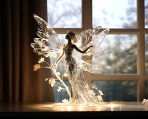 A whimsical and enchanting scene showcasing a delicate glass fairy figurine on a sparkling, silver background. The sunlight dancing through the window infuses the scene with an ethereal