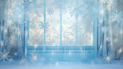  A cool, icy blue background with a soft, filtered light casting an elegant and intricate shadow from a frostcovered windowpane. The frost patterns create a whimsical