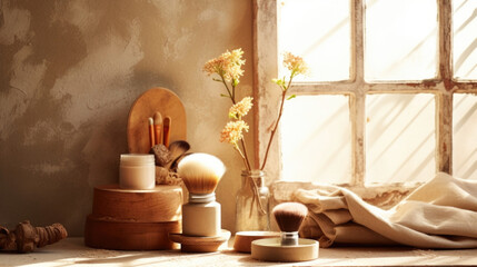 Fototapeta na wymiar An inviting, rustic background in earthy tones, showcasing a wooden vanity adorned with antique makeup brushes. Soft daylight streams through the window, casting intricate shadows and