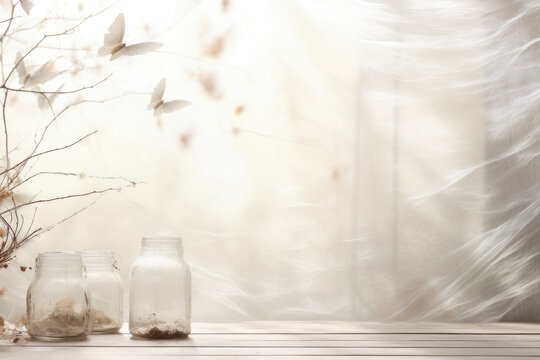 A whimsical and enchanting water gentle light background for a product presentation, reminiscent of a magical forest. The gentle light streaming through a window covered in translucent - Powered by Adobe