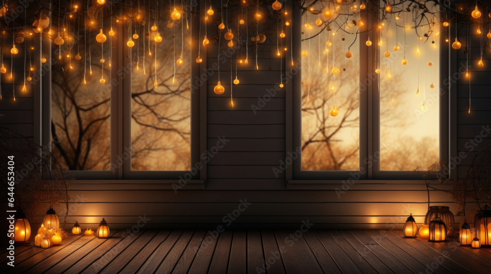 Poster a whimsical halloween background presenting a charming porch adorned with flickering orange string l