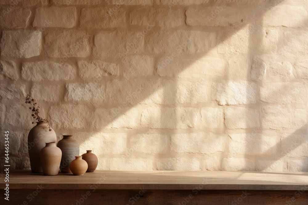 Poster a rustic scene of a warmtoned stone wall with a soft light filtering through the window, creating be