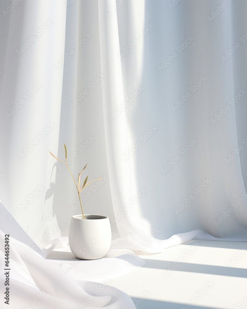 Aufkleber a minimalist and modern scene, featuring a white curtain softly diffusing the light from a sunny win