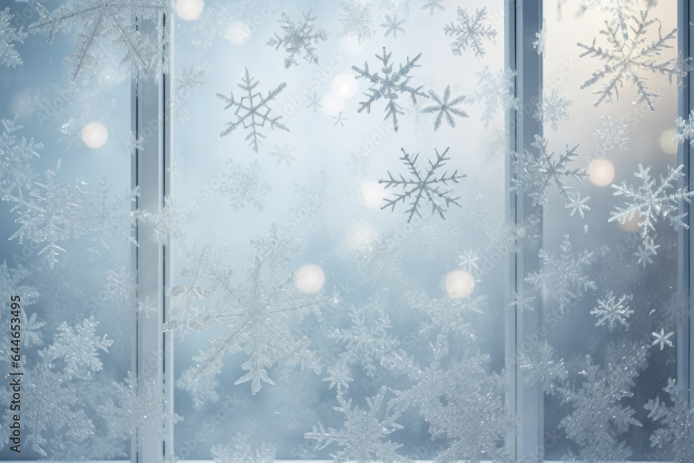 Poster a frosty winter scene with a muted grey background, depicting delicate snowflakes delicately falling