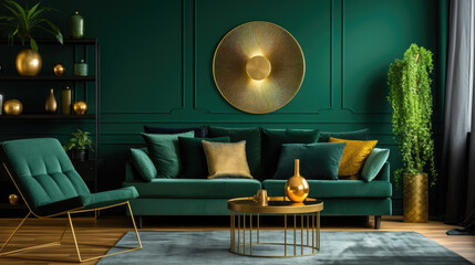  A modern living room with a deep emerald green accent wall. The setting sun casts long shadows on the plush velvet sofa, emphasizing the rich texture of the fabric. The - obrazy, fototapety, plakaty