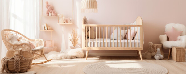 A cozy corner in a boho nursery, featuring a gentle light background with a subtle pink undertone. The window casts intricate shadow patterns onto a soft pastel rug, enhancing the whimsical