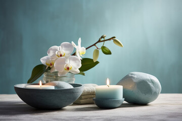 A tranquil scene capturing a soft bluegray stone background, bathed in a cool, diffused light from the window. The gentle shadows imbue a sense of calmness and serenity, making it an excellent