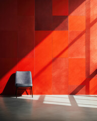 A vibrant and energetic scene showcasing a concrete wall with a bold red geometric pattern, flooded with bright and natural sunlight that creates a playful dance of intense shadows on