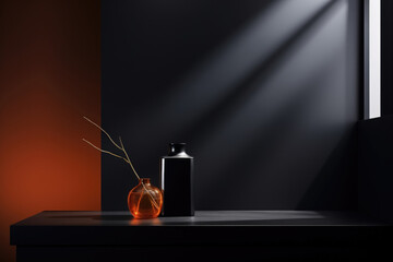 A contemporary scene with a sleek black background and soft, artificial light pouring in from a minimalistic window. The stark contrast between light and dark adds drama and sophistication,