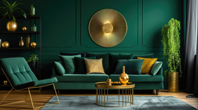  A modern living room with a deep emerald green accent wall. The setting sun casts long shadows on the plush velvet sofa, emphasizing the rich texture of the fabric. The