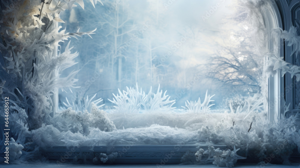 Poster a winterthemed jungle setting featuring sp foliage covered in a delicate layer of frost. the soft, p