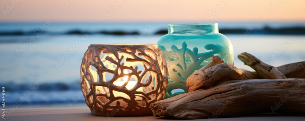 Poster in a coastal setting, a soft turquoise light filters through a large window overlooking the sea, cas