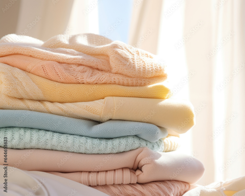 Poster a closeup of a stack of soft, pastelcolored blankets p near a sunlit window sill. the light pouring 