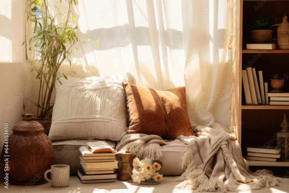 Poster a bohemianinspired corner nook, dressed with a floor cushion and cozy blankets. sunlight filtered th