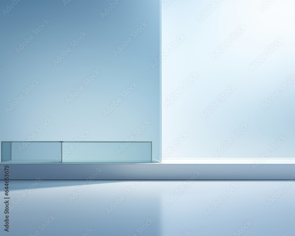 Poster a minimalist product presentation background with a cool blue tone. the soft light entering through 