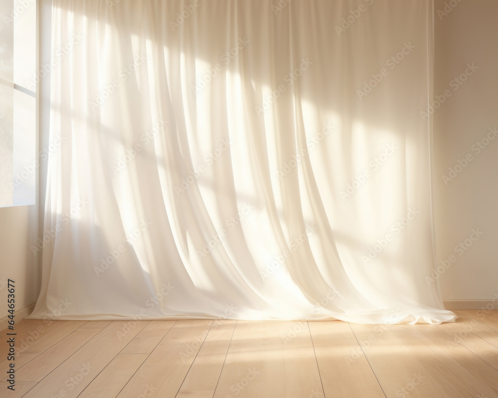 Poster in this minimalistic abstract gentle light background, warm sunlight filters through a white curtain