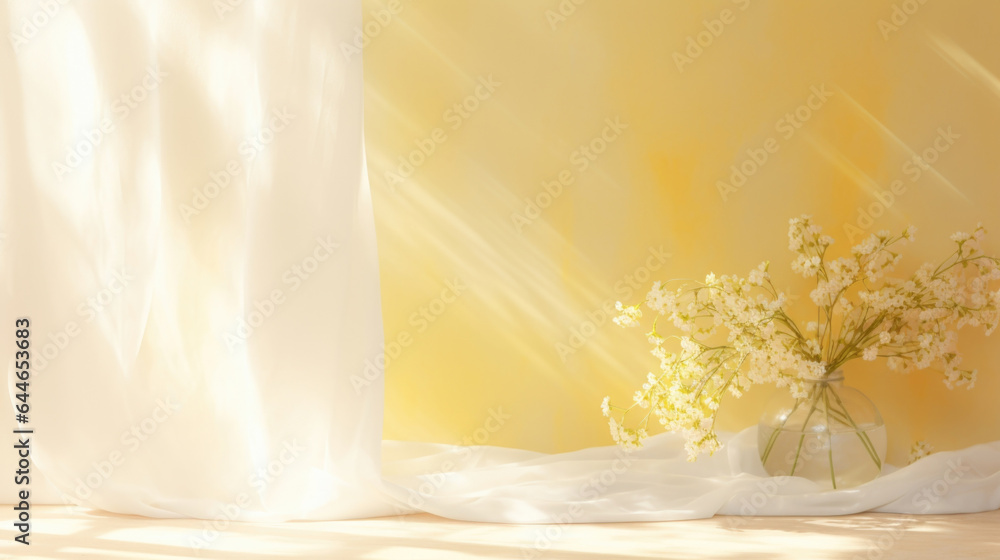 Poster a minimalistic abstract gentle light background with a touch of springtime aesthetics. a white curta