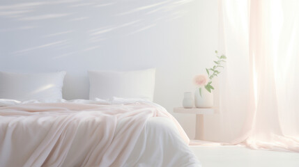 A shot of a serene and tranquil bedroom, with soft, diffused light pouring in through flowing, curtains. The delicate light creates a dreamy and ethereal mood, making it an ideal backdrop