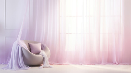 A soothing light background with a gentle pinkish and purple gradient, reminiscent of a peaceful sunset. The window casts intricate shadows of swaying curtains, creating a calming and