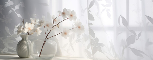 A calming and refreshing white background with a soft, diffused light streaming through translucent curtains, casting intricate shadow patterns of delicate flowers. The material is a smooth