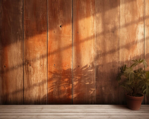 A warm, earthy background featuring a rustic wooden surface bathed in golden late afternoon light. Intricate shadows from the window frames enhance the natural texture and grain of the