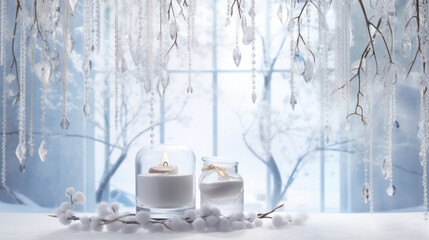 In the midst of a snowy winter, a pristine white gentle light background glistens under the diffuse light seeping through a frosted steel window. Delicate icicles hanging from the edges