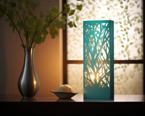 The cool glow of a teal gentle light background is enhanced by the filtered sunlight flowing through a delicately etched steel window pattern. The combination of tranquil colors and intricate