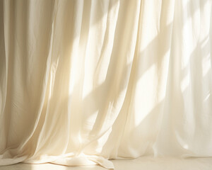  A minimalistic abstract background showcasing a pale yellow light softly pouring through a curtain onto a textured linen fabric. The delicate shadows create a serene