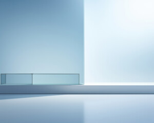  A minimalist product presentation background with a cool blue tone. The soft light entering through the window creates intricate shadow patterns on a translucent screen,