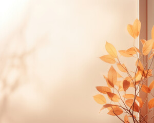  This scene depicts a minimalistic abstract gentle light background with a touch of autumnal colors. The dimmed sunlight casts intricate shadows through a window covered