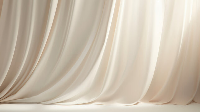 A minimalistic abstract background featuring a textured surface in neutral tones. The soft light filtering through a curtain casts intricate shadows, adding dimension and subtlety to the