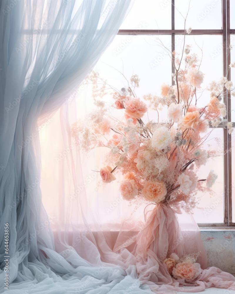Poster a dreamy springinspired backdrop featuring a soft pastel color palette. the window is covered in a t