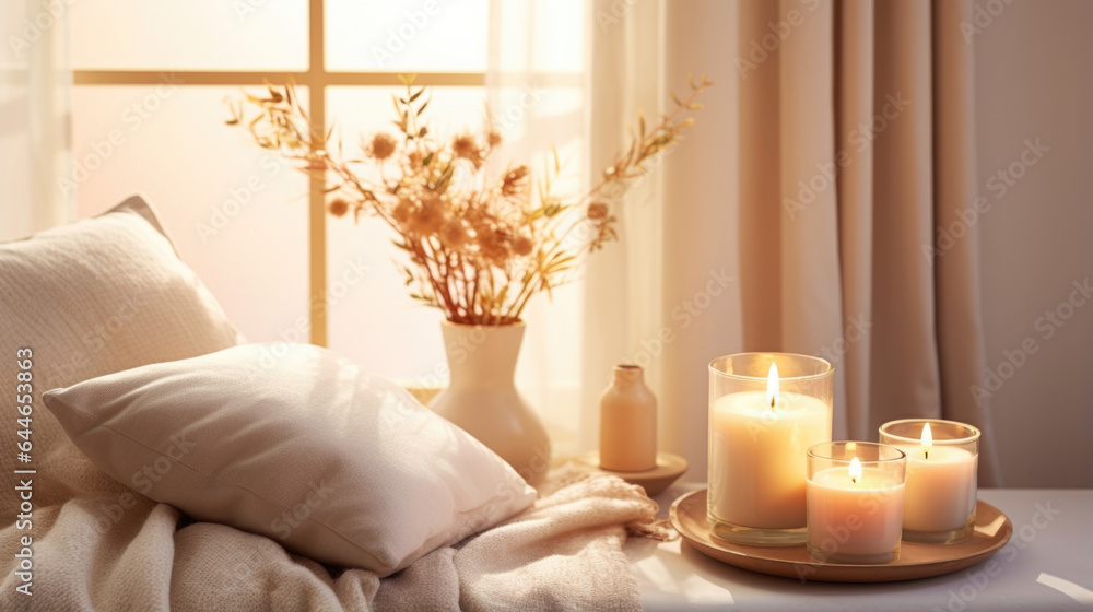 Poster a cozy and intimate scene displaying a grange gentle light background with a subtle, soft candleligh