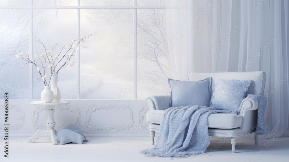 Poster a cozy winter scene displaying a grange gentle light background with a soft, diffused daylight seepi