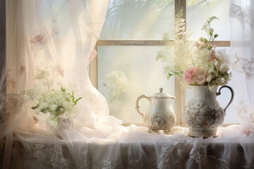  A foggy spring morning envelops the countryside, creating an ethereal atmosphere. Dim light filters through frosted glass, casting intricate shadows on a display of handpainted