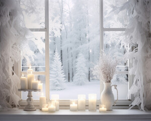 A wintry wonderland with snowcovered trees and a crisp, white landscape visible through the window. The soft, diffused light and pale gray background create a dreamy and ethereal atmosphere.