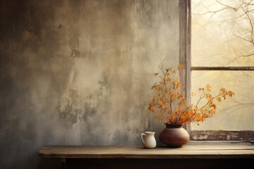  A rustic autumnal setting with a textured wooden backdrop in warm, earthy tones. The frosted window allows the soft sunlight to filter through, casting intricate shadow