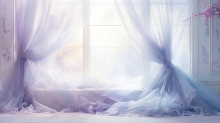 An ethereal and dreamy scene featuring a Grange gentle light background with a soft, hazy light pouring in through curtains, creating a romantic and whimsical ambiance. The background