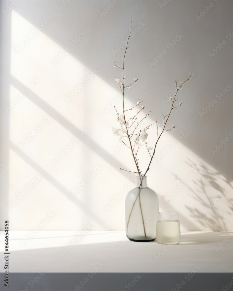 Poster a minimalist scene featuring a textured white background, resembling freshly fallen snow. the soft l