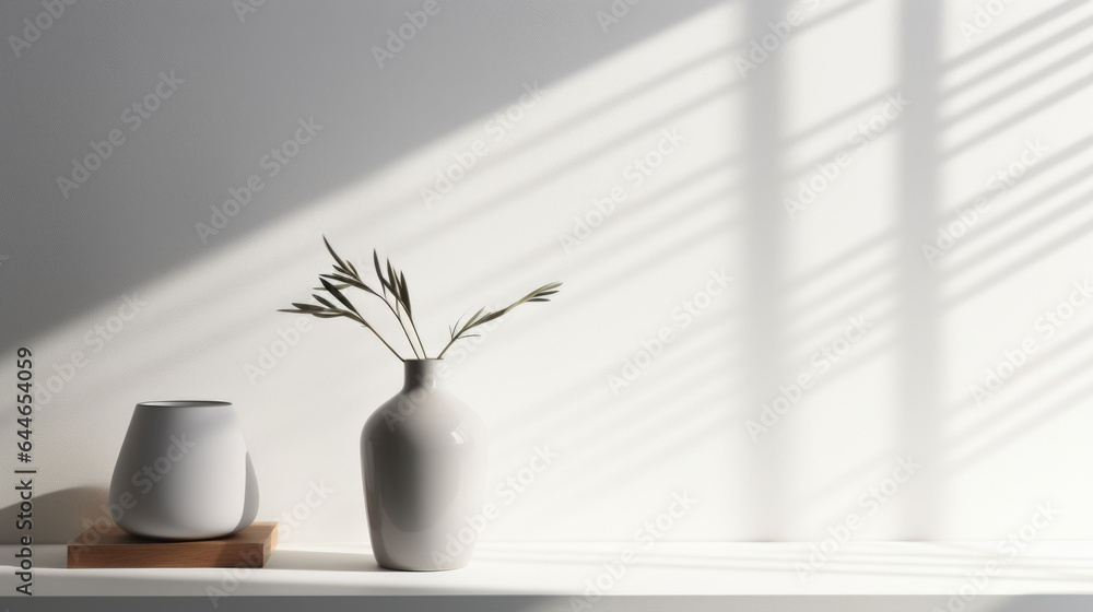 Poster an scene showcasing a sleek minimalist design with a cool gray background. the soft light streaming 