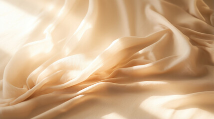 A cozy and intimate scene featuring a warm, sandy beige background with a velvety texture. The soft glow of sunlight streams in from a linen curtain, casting subtle and delicate shadows