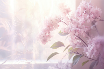 A dreamy scene featuring a minimalistic abstract background enveloped in a soft, filtered light from a window. The intricate shadows form delicate floral shapes, infusing the composition