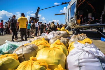 Incoming relief supplies in a disaster area. - obrazy, fototapety, plakaty