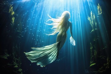 Full body shot of a mermaid underwater.