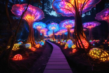 Magical forest with trees and glowing lights.