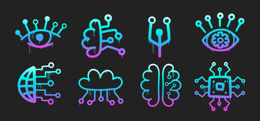 AI Neon Graffiti Set. Artificial Intelligence in Urban Street Style. Trendy Y2K clipart. Splash effects and drops. Grunge and spray texture.