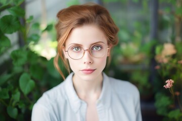 Young Fictional Cute Redhead Woman Wearing Glasses. Realistic Digital Painting Portrait. Generative AI Illustration.
