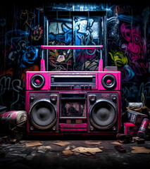 Boombox with pink lights in a dark room full of graffiti, mysterious backdrops.