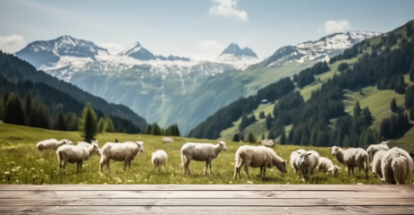 Fototapeta premium The empty wooden table top with blurred goats herd grazing on field meadow and mountain background.
