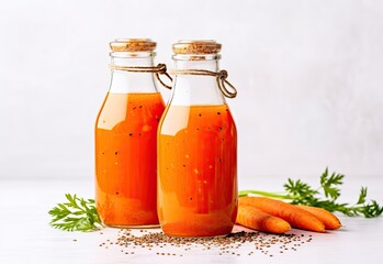 Carrot juice with flax seeds in glass bottles - obrazy, fototapety, plakaty